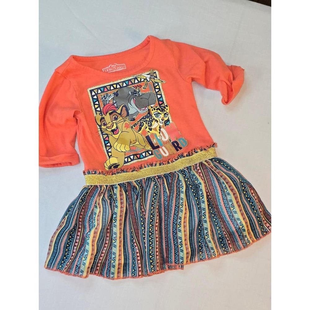 Disney The Lion Guard Girls 2T Orange Graphic Dress Tribal Print Skirt Gold Trim